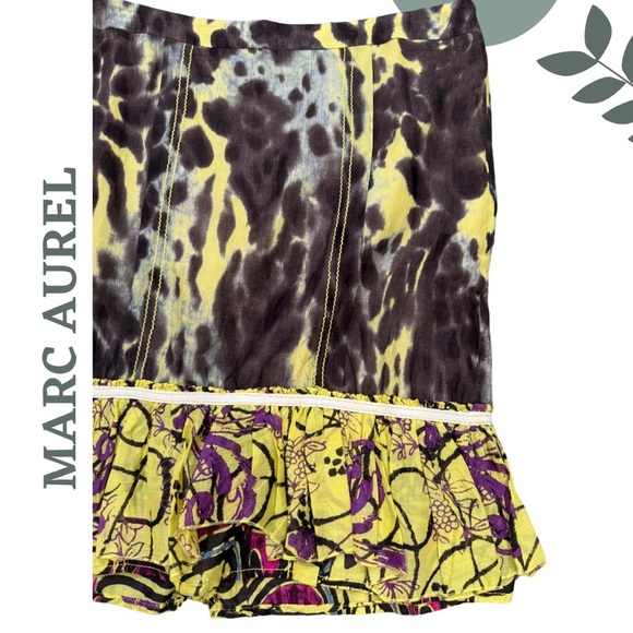 Marc Aurel Yellow & Brown Patterned Skirt | Boho | Ruffle Hem Size Euro 40 Large - Picture 3 of 6